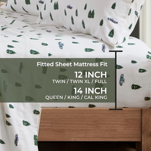 Image of Woolrich Cotton Sheet Set Cottage Charms Print, 100% Cotton Flannel Sheets Warm & Fuzzy Bedding Set Full Size Sheets, Fitted Pocket Fits Up to 12 inch Mattress, Full Green Trees /Trucks 4 Piece
