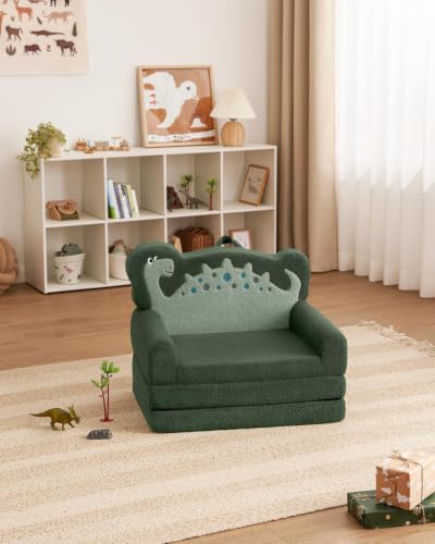 Image of Blissful Diary Foldable Kids Couch, 2-in-1 Kids Sofa Chair, Green Dinosaur