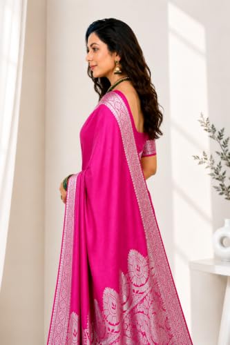 Image of Women's Glory Banarasi Satin Kanjivaram Saree Silver Zari Border Pure Soft Blend Silk Sari Kanchipuram Paithani Silk Party Wedding Festive New Ladies Sadi with Unstiched Blouse Piece.