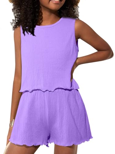 Image of Girls' Summer 2 Piece Outfits Sleeveless Tank Tops and Wide Leg Shorts Sets Purple 9-10Y