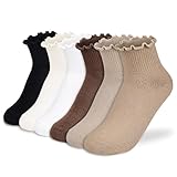 BIVOLU Womens Ankle Socks Ruffle Cotton Cute Frilly Trim Breathable Ankle Ruffled Socks 6 Pack (US, Numeric, 9, 11, Regular, Regular, Black/Milk-white/White/Brown/Khaki/Coffee)