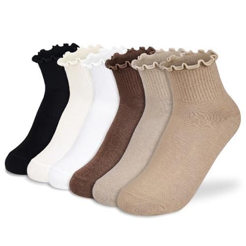 Image of BIVOLU Womens Ankle Socks Ruffle Cotton Cute Frilly Trim Breathable Ankle Ruffled Socks 6 Pack