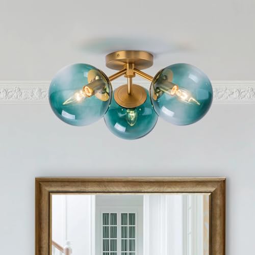 Sendele 3-Light Semi Flush Mount Ceiling Light, 18" Gold Sputnik Light Fixture with Teal Blue Glass Globes, Bubble Chandelier for Bedroom, Hallway, Living Room, Entryway(Blue, 3 Light Ceiling Light)