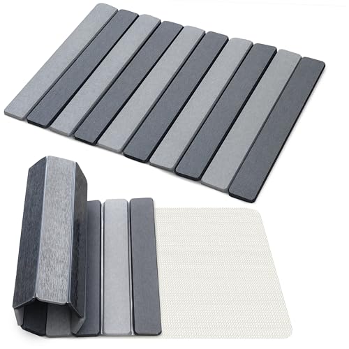 Image of Yellow Weaves Foldable Stone Bath Mat, Diatomaceous Earth Shower Mat, Non-Slip Super Absorbent Quick Drying Bathroom, Kitchen Floor Mat, Easy to Clean (60x40 cm - Sandstone Dark & Light Grey)