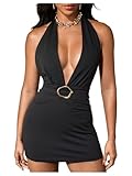 MakeMeChic Women's Halter Open Back Mini Dress Y2K Deep V Neck Party Dresses Black Small