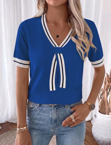 Image of Libsorge Womens Lightweight Cute Bow Tie Sweater Spring 2026 Business Casual Outfits V Neck Short Sleeve Tops