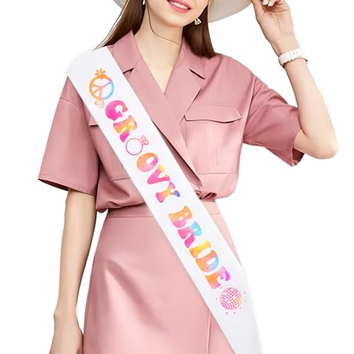 JOYMEMO Groovy Bride Sash for Women - Groovy Bachelorette Party Decorations, Hippie Disco Groovy Themed Bridal Shower Engagement Wedding Party Supplies
