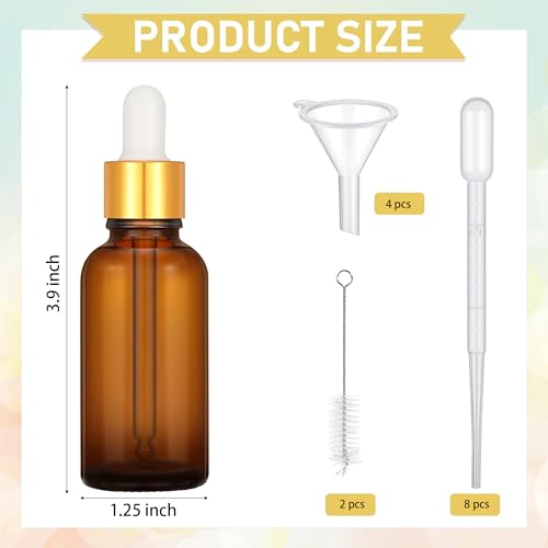 110 Pcs 1 Oz Glass Dropper Bottles with Black Caps for Essential Oils Perfumes Cosmetics and Travel Liquid Storage Featuring Funnels Droppers and Cleaning Brushes (Amber)3