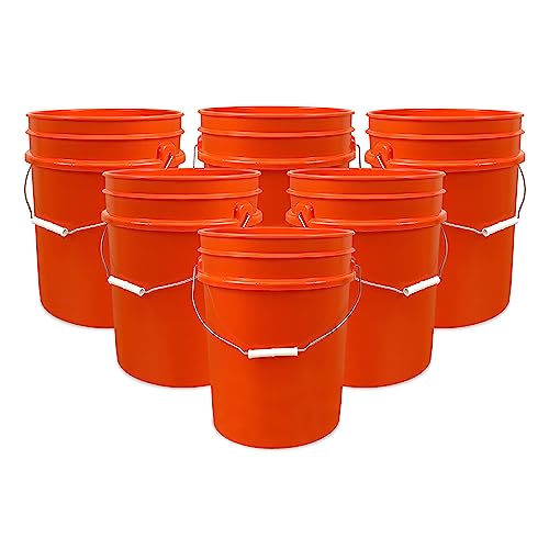 ePackageSupply 5 Gallon Bucket - Food Grade Bucket, Metal Handle Grip, BPA-Free, Heavy-Duty 90 Mil HDPE Plastic Pail, Stackable Utility Container, Made in USA, Lid Not Included, Orange, 6 Packs