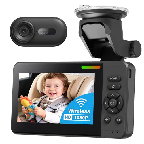 Wireless Baby Car Camera Monitor 4.3 Display + 360 Rotating Cam for Rear-Facing Seats No Wi-Fi Needed 1080P HD with Auto IR Night Vision USB & Battery Powered Easy-Install