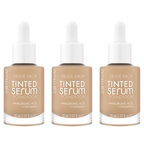 Catrice Nude Drop Tinted Serum Foundation, Nr. 030C, Nude, langanhaltend, mattierend, natürlich, für sensible Haut, vegan, ölfrei, ohne Parfüm, ohne Alkohol, 3er Pack (3x30ml)