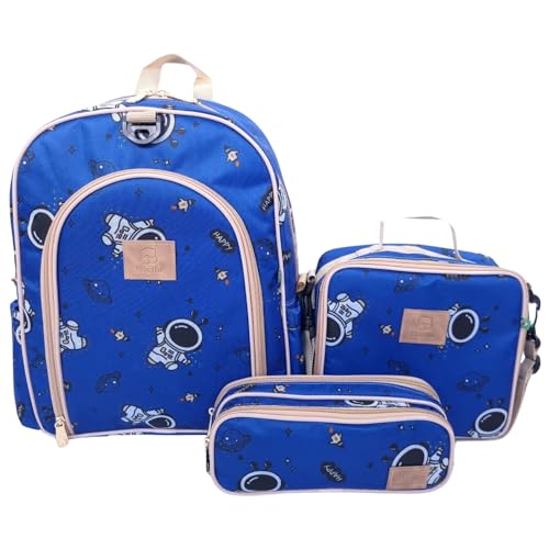 Kit Bolsa Mochila Infantil Escolar Com Lancheira E Estojo (Astronauta Azul)