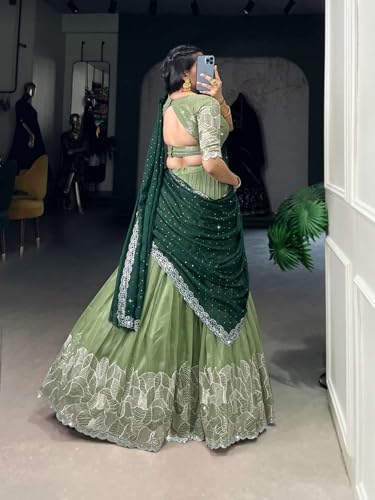 Image of Suppar Sleave Women's Embroidered Vichitra Silk Lehenga Choli Dupatta Set Semi-Stitched Blouse and Fit & Flare Style