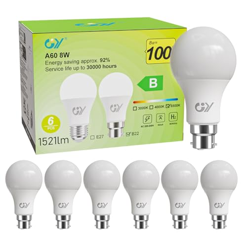 GY 8W Bayonet Light Bulbs 100W Equivalent Cool White 6500K B22 GLS 1521LM High Energy-Efficient Class B A60 Energy Saving LED Bulbs Non-Dimmable 6 PCS