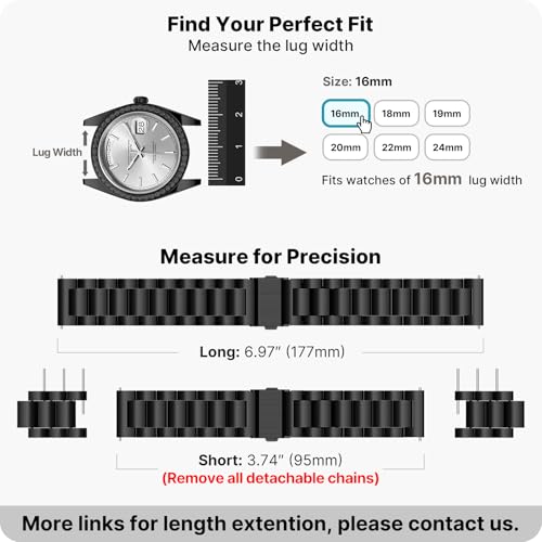 Image of Fullmosa 16mm Stainless Steel Watch Band, Quick Release Metal Replacement Strap with Removable Links, Includes Spring Bars & Link Removal Tool for Men Women (Black)