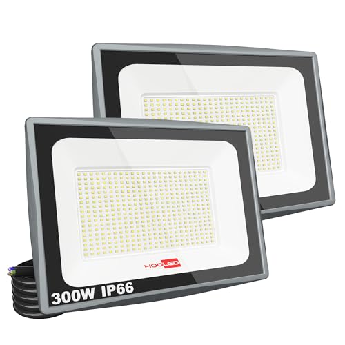 HOOLED Focos LED para exteriores, 3000 ml, 6500 K, feixe de 120°, holofote projetor LED IP65 impermeáveis, branco frio floodlight, iluminação exterior para teto, jardim, pátio, porta, garagem (300 W-2