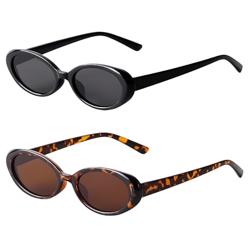 2 stycken vintage ovala solglasögon, svarta solglasögon damer fashionabla smala solglasögon för kvinnor resor presenter
