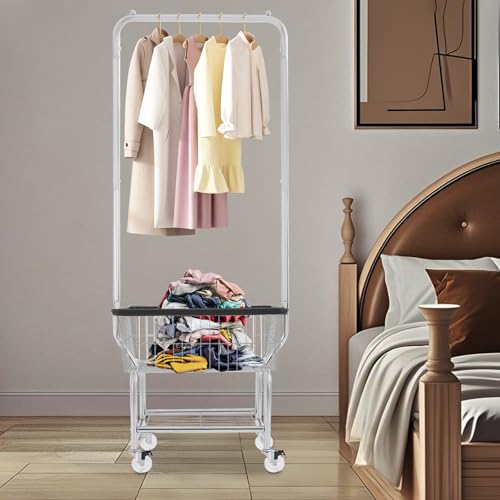 Commercial Wire Laundry Cart,Rolling Clothes Cart with Hanging Bar and Storage Shelf,Black Trim Openwork Mesh Steel Wire Laundry Cart for Families,Living Rooms, Bedrooms