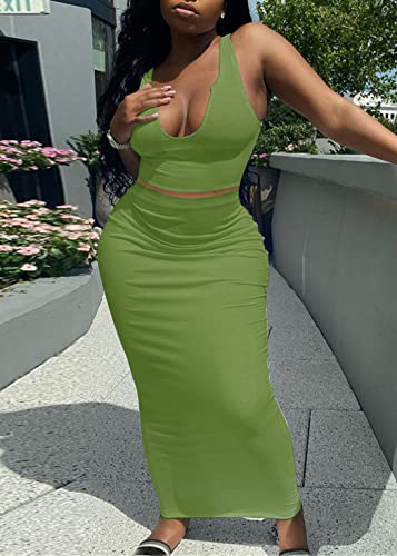 Image of Women Sexy Two Piece Skirt Outfits Long Sleeve /Sleeveless V Neck Bodycon Ribbed Knitted Maxi Club Party Dress