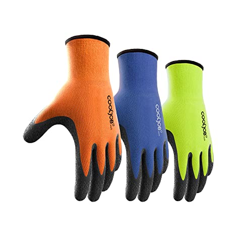COOLJOB 3 Paar rutschfeste Knister-Latex-Arbeitshandschuhe mit festem Griff, Sicherheitsarbeitshandschuhe in gut sichtbarem Orange, Gelb, Blau, Groß, 3 Paar L Cover