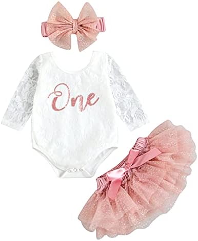 Hnyenmcko Newborn Baby Girl 1st Birthday Outfit One Ruffle Sleeveless Lace Romper Tutu Dress Backless Jumpsuit Bodysuit Clothes (Y- Long Sleeve 3pcs Set- Pink, 9-12 Months)