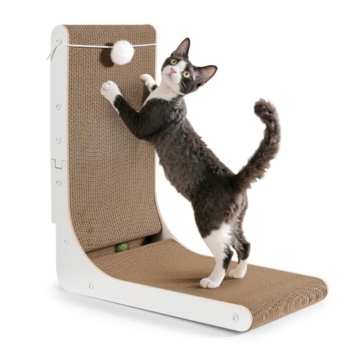 Gimars Rascador para Gatos Grandes en Forma de L de 47 cm, Tablero Rascador con Peluche y Bolas de Catnip, Rascador de Cart贸n para Montar en la Pared, Juguetes para Gatos para Proteger Muebles,Blanco