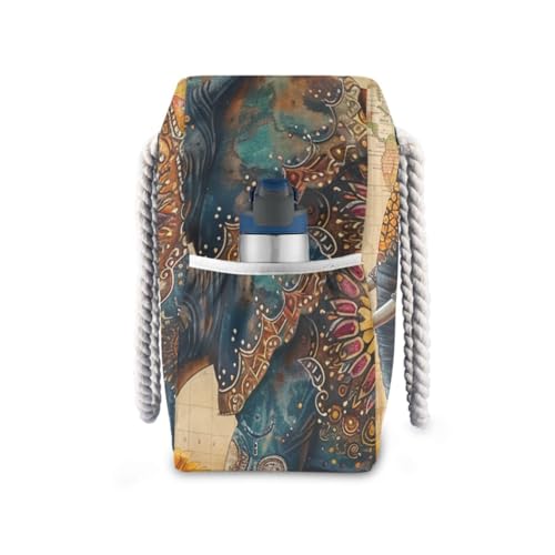 Retro Boho Elephant Sunflowers Sandproof Tote Bag Portable with side pocketes Tote Bag Women with cup holders on the side3