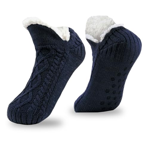 FUIPVGI Calcetines Antideslizantes para Mujeres y Hombres Calcetines de Punto Gruesos con Forro polar, Zapatillas Calcetine por Casa Calcetine Tipo Pantuflas de Invierno (Azul marino negro)