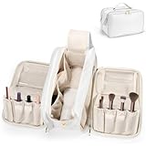 Travel Makeup Bag Women's Large Capacity Cosmetic Portable Organizer Waterproof Large Opening Storage Toiletry Bags Vertical Free-Standing Brush Holder for Easy Access（White）