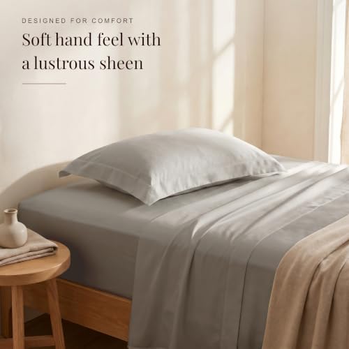 Image of Huesland Luxury 300 TC Pure Cotton Sateen Weave Single Bedsheet Set - Soft, Durable & Stylish | Glacier Grey | 88 x 55 inches