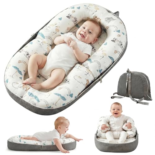 AlamzBeaba Baby Lounger for Newborn, 0-12 Months, Portable Infant Lounger Pillow with Adjustable Support, Soft Breathable Cover, Folds Into Backpack for Travel, Ideal for Home & Outdoor Use - White