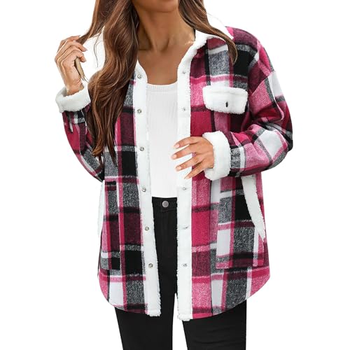 Flannel Plaid Jacket Women Fuzzy Fleece Fashion Oversized Long Sleeve Winter Coat Jackets 2025 Casual Pocket Outfits