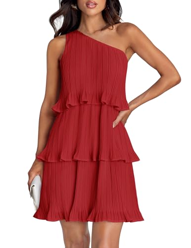 Image of ZESICA Women's 2025 Summer Sleeveless Mini Dress Boho One Shoulder Ruffle Tiered Layered Flowy A Line Dresses