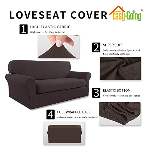 Image of Easy-Going 2 Pieces Stretch Loveseat Couch Sofa Slipcover Washable | Spandex Soft Fitted Sofa Couch Cover for Sofa Furniture Protector with Bottom Kids,Pet Dog Chocolate