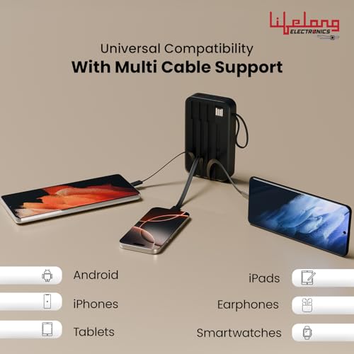 Image of Lifelong Electronics 20000mAh 22.5W Fast Charging Power Bank | 3 Inputs (1 Built-in USB A Cable + 1 C + 1 Lightning Port) & 6 Outputs (3 Built-in Cables + 1 C + 2 A Port) | Small Pocket Size Powerbank