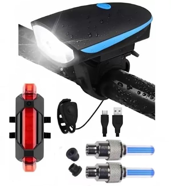 USB Rechargeable LED Bicycle Front Headlight with Horn + Rear Tail Light + 2 LED Tyre Valve Caps – Night Safety Kit for Bike, MTB, Commuter Cycle-image-23