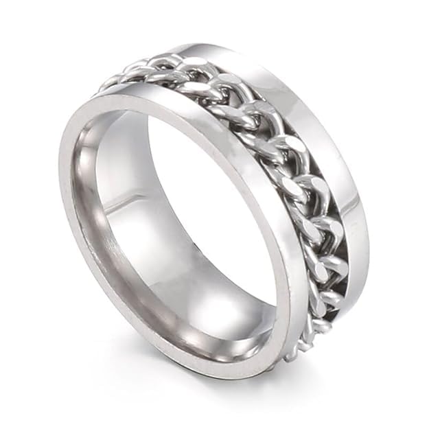 Fidget Ring for Men Anxiety Rings: 8mm Stainless Steel Spinner Ring, Thumb Ring with Chain Men's Stress Relief Spinning Ring in Blue - Size 5-11 for Men & Boy-image-1