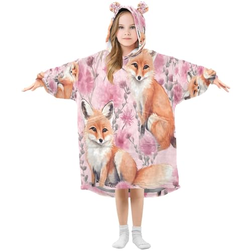 YANENDIE Fox in Flowers Wearable Blanket Hoodie for Kids 3-14 YR, Oversized Cozy Sherpa Sweatshirt Blanket With Pocket - Medium