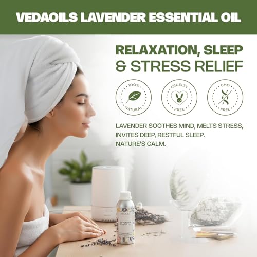 Image of VedaOils Lavender Essential Oil for Relaxation, Sleep & Stress Relief | 100% Pure & Natural Aromatherapy Oil for Diffuser, Skin & Hair Care | Calming Floral Scent - 100ml