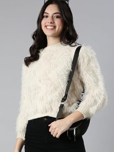 Image of SHOWOFFFF Women Solid Pullover Sweater | Round Neck 3 /4th Sleeves Knitted Sweaters for Womens | Regular Fit Regular Length Sweater for Women's