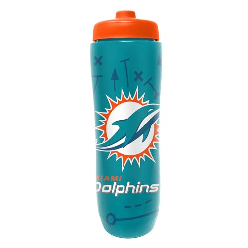 Image of Party Animal NFL Football Squeeze Bottle, 32 oz, Miami Dolphins | Slim, lightweight BPA-free sports water bottle with quick-flow squeeze; fits backpacks & cup holders for kids or adults