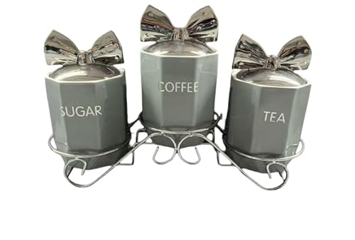 Juego de 3 botes de almacenamiento de cocina con soporte, tarros de cerámica para té, café, azúcar, color gris con lazos
