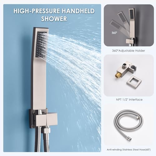 Image of Shower Body Sprays Systems with Push Button, All Metal Shower Jets System, 10 inch Rain Shower Head with 4PCS Body Jets and Handheld Shower Faucet Sets Complete, Rough-in Valve, Brushed Nickel