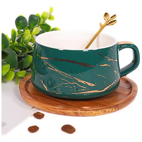 Ceramic Marble Tea Coffee/Tea Cups with Wood Saucers Luxury Gold Inlay Green, Cup & Saucer (set of 1) Cover