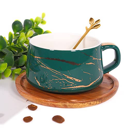 8.5 oz Golden Hand Print Tea Cup With Saucer Set (set of 1(green with wooden saucers))