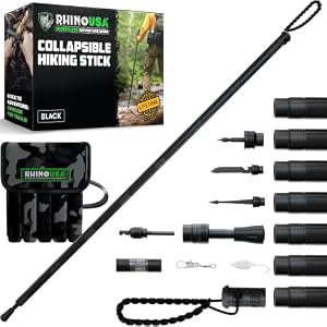 Rhino USA Survival Hiking Stick Multi-Tool – Walking Staff for Camping | Compass & fire starter built in. Survival multi-tool staff for hiking, camping & backpacking