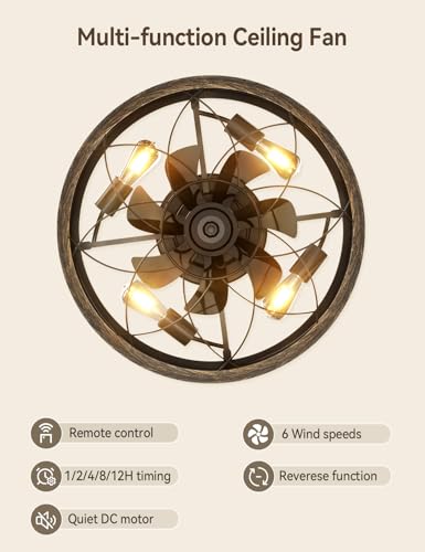 AKOFUN 20" Cage Ceiling Fan with Light and Remote, Low Profile Flush Mount Fan, 6 Speed Reversible DC Motor, 1/2/4/8/12H Timer, Bladeless Fandelier Rustic Farmhouse Light for Bedroom Living Room Patio — view 6