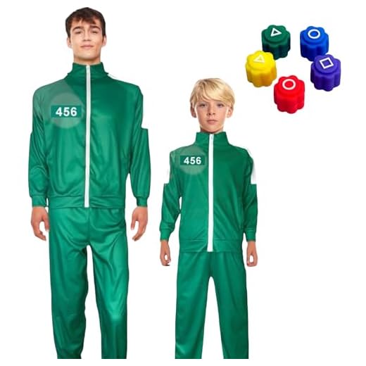 TIENDA EURASIA - Disfraz de Jugador | Inspirado en el Juego del Calamar | Incluye Sudadera, Pantalón y 4 Pegatinas + Juego de Dados Gonggi | Disfraz Juego de Calamar Adulto, Niño (L)