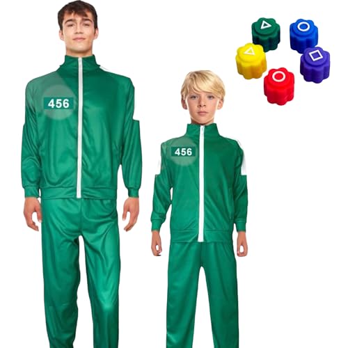 TIENDA EURASIA - Disfraz de Jugador | Inspirado en el Juego del Calamar | Incluye Sudadera, Pantalón y 4 Pegatinas + Juego de Dados Gonggi | Disfraz Juego de Calamar Adulto, Niño (S)