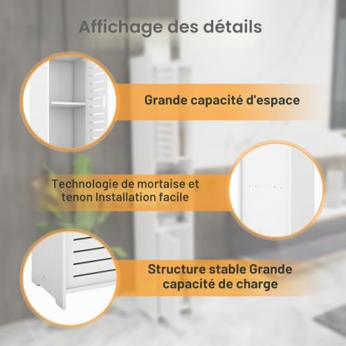 OHMG Meuble Colonne de Salle de Bain,Étagère de Rangement,Placard Haut,Petits Espaces,Meubles sur Pied,avec Compartiments Ouverts,Salon,Entrée,Blanc (26 * 22 * 118cm) – vue 4